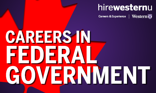 Purple background with red maple leaf and white text reading Careers in Federal Government and including a hirewesternu and Careers & Experience logo