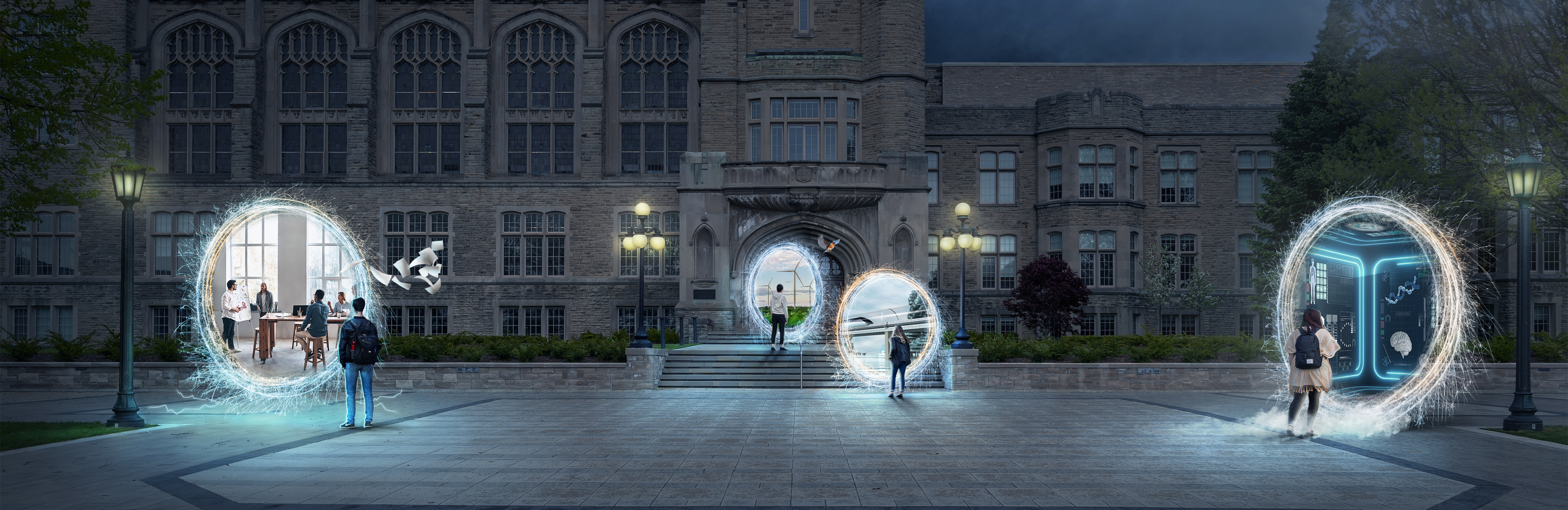 Students in front of University College exploring their future through wormholes